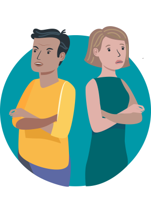 Rundes Icon, das für den Webseitenbereich "Für Eltern" steht. Das Icon zeigt im Piktogrammstil einen Mann und eine Frau, die mit verärgerter und trauriger Mimik voneinander abgewandt stehen.