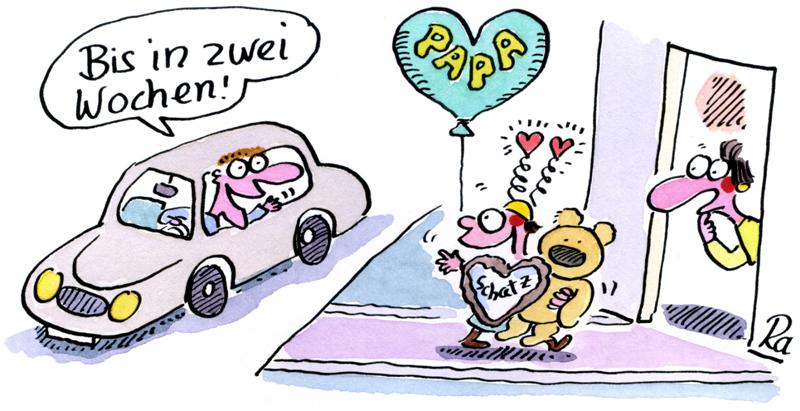 Cartoon von Renate Alf. Vater bringt Sohn nach dem Wochenendumgang nach Hause. Er ruft ihm aus dem Auto zu: Bis in zwei Wochen. Das Kind steht an der Haustür der Mutter mit Geschenken vom Jahrmarkt und einem Luftballon, auf dem groß Papa steht.