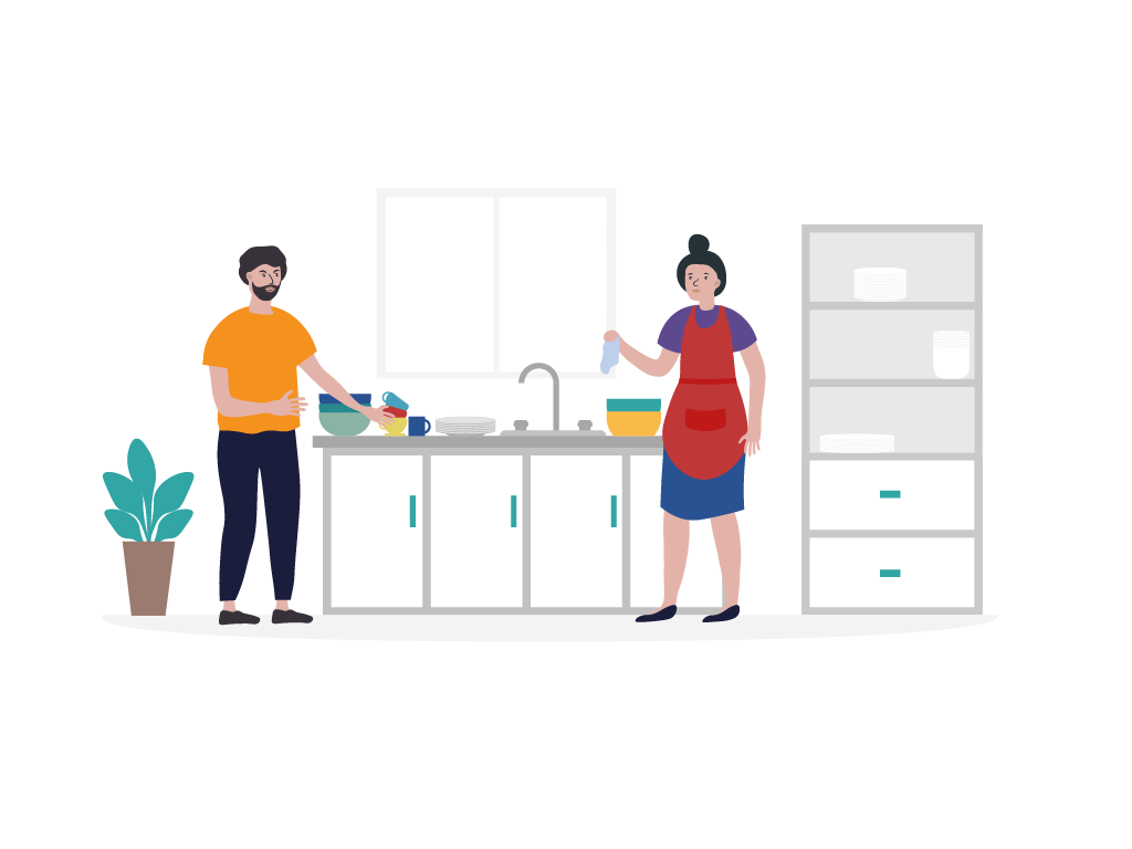 Ein Mann und eine Frau stehen gemeinsam in der Küche. Die Frau hat eine Schürze um und einen Lappen in der Hand. Beide sehen unzufrieden aus.