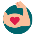 Rundes Icon, das für den Seitenbereich "Was macht STARK besonders?" steht. Das Icon zeigt einen angespannten muskulösen Oberam mit Herzsymbol.