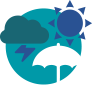 Rundes Icon, das für den Seitenbereich "Krise - und jetzt?" steht. Dargestellt sind zwei die Symbole Gewitterwolke, Regenschirm und Sonne in den Farben türkis, dunkeltürkis, weiß und blau.