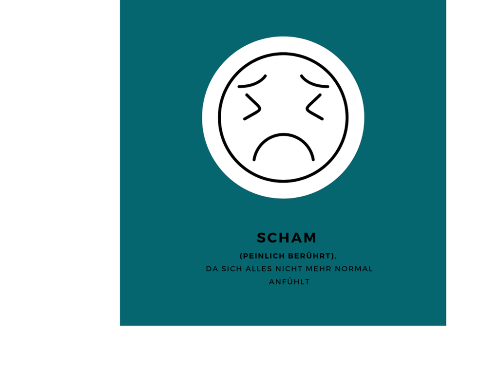 Beschämter Emoji mit Text: Scham (peinlich berührt), da sich alles nicht mehr normal anfühlt
