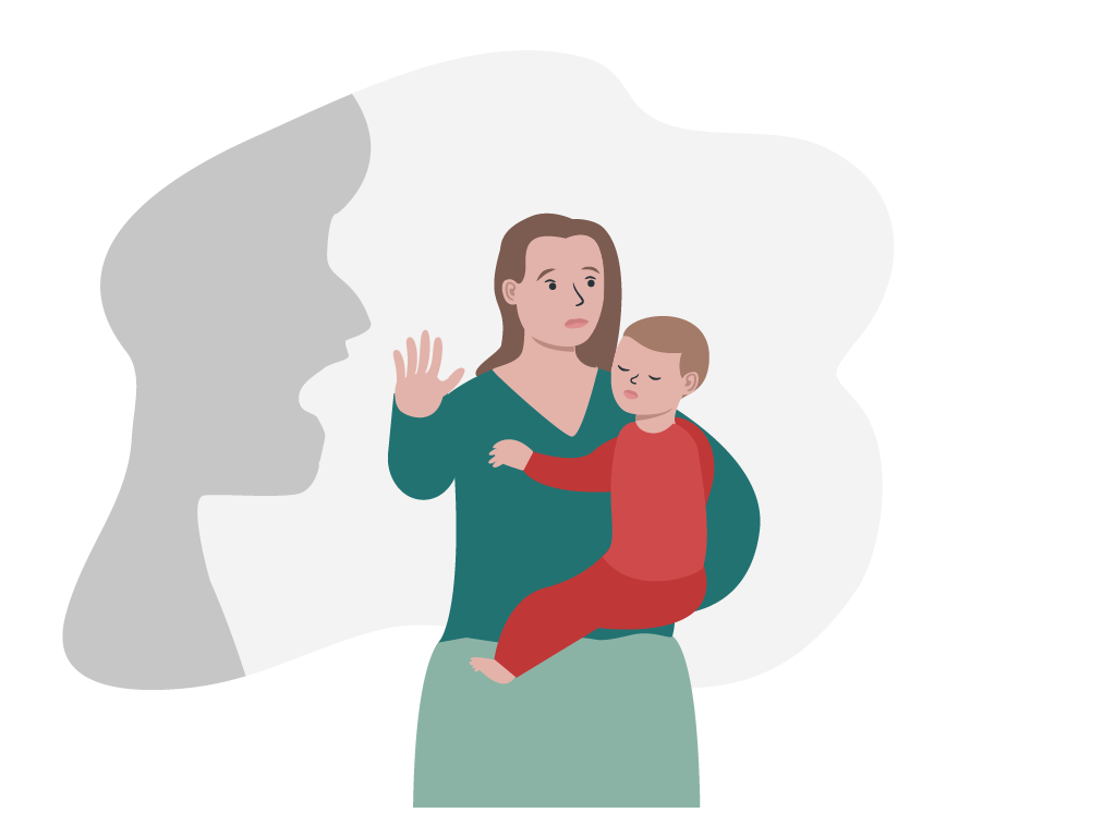 Bild, das eine Frau mit Kind zeigt, die Gewalt abweht. Dargestellt ist eine Frau mit Kleinkind auf dem Arm und abwehrender Handgeste. Der überproportionale Schatten eines Gesichts seitlich der Frau symbolisiert die Gewaltbedrohung.