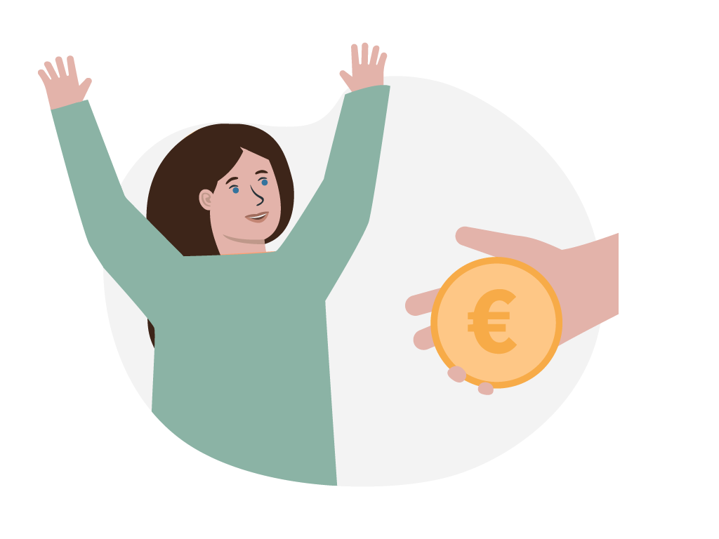 Eine Frau streckt beide Arme in die Luft. Neben ihr ist eine Hand zu sehen, die eine Euromünze hält.