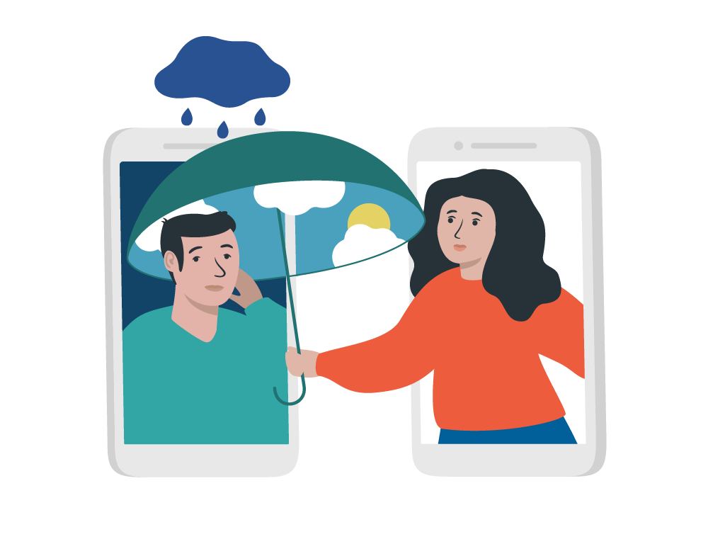 Zwei Handys, auf einem Bildschirm ist ein Mann zu sehen, auf dem anderen eine Frau. Mann schaut traurig, über ihm ist eine Regenwolke. Die Frau hält aus dem Bildschirm einen Regenschirm über ihn.