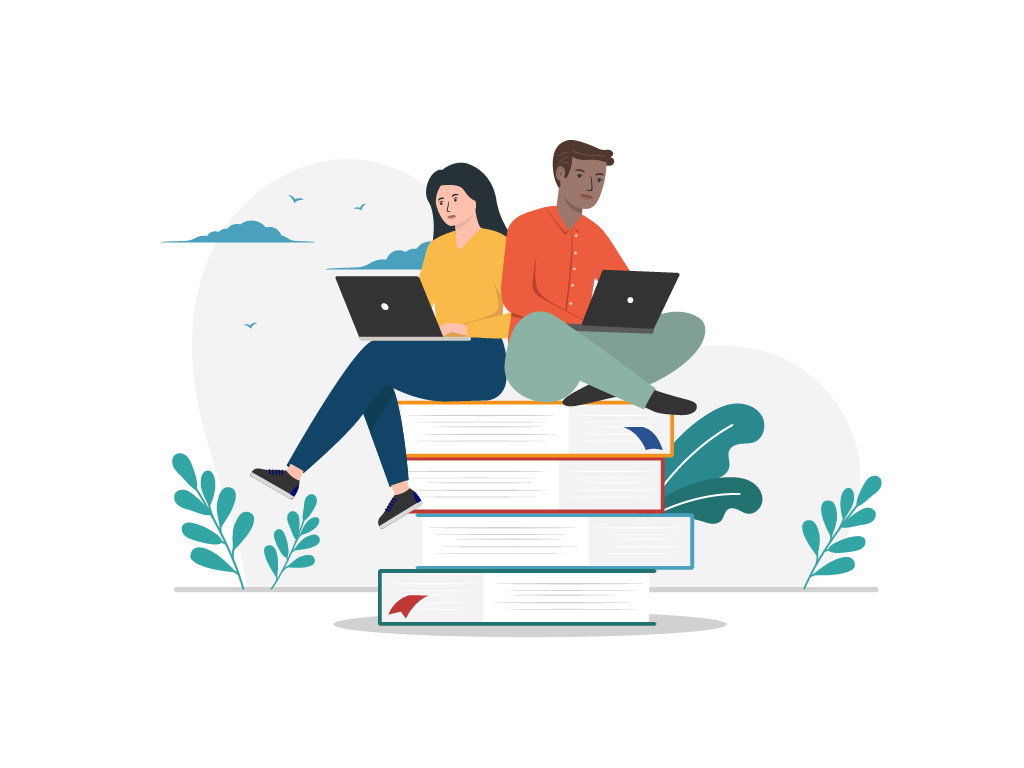 EIne junge Frau und ein junger Mann sitzen mit Laptop auf dem Schoß auf einem Stapel überdimensional großer Bücher. Sie lehnen sich aneinander an. Im Hintergrund sind kleine Pflanzen und Wolken zu sehen.