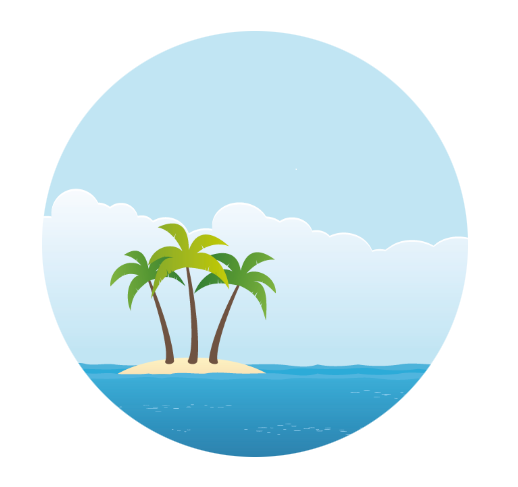 Eine Insel mit drei Palmen im Meer vor blauem Himmel.