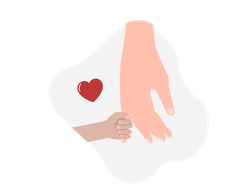 Eine Kinderhand umschließt den kleinen Finger von der Hand eines Erwachsenen. Daneben abgebildet ist ein Herz.